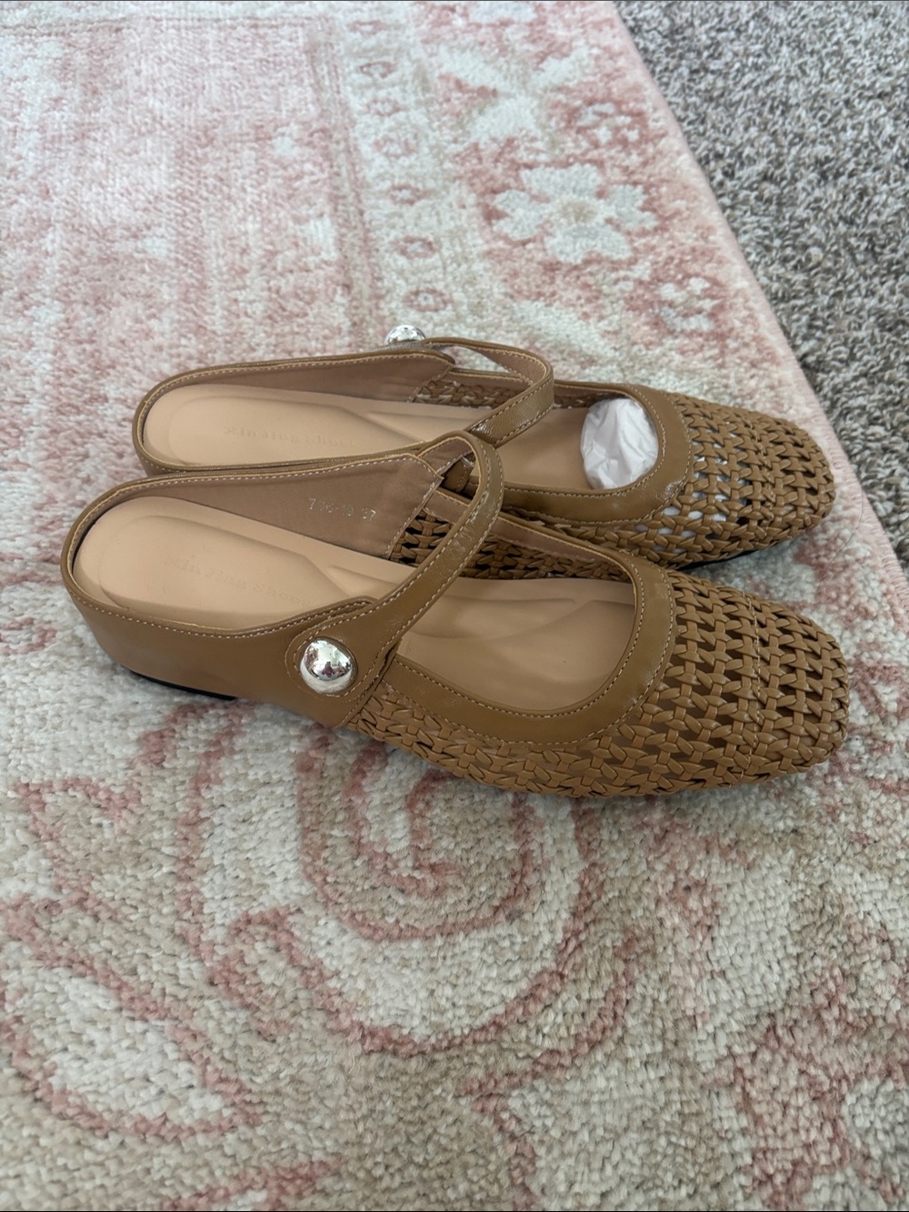 Amazon Women’s Tan Woven Mary Jane Mule with Silver Button